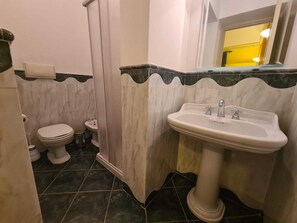 A bathroom with a toilet, sink, and shower.