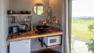 Fridge, microwave, coffee/tea maker, electric kettle
