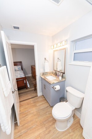 Jetted bath, hair dryer, towels, soap