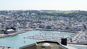 Un paisaje urbano costero con un puerto deportivo lleno de barcos, rodeado de edificios residenciales y vegetación.