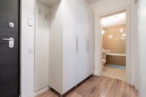 Hair dryer, towels, soap, shampoo