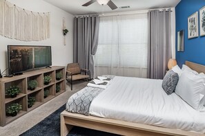 1 bedroom, desk, iron/ironing board, travel cot