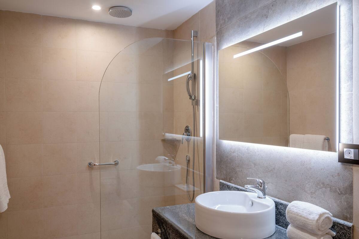 Une salle de bain moderne avec une douche à parois de verre, un lavabo rond et un grand miroir.