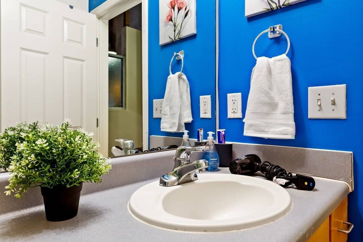 Shower, hair dryer, towels, shampoo