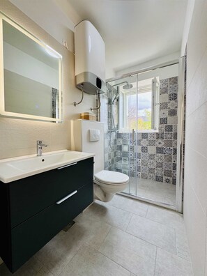 Shower, hair dryer, towels