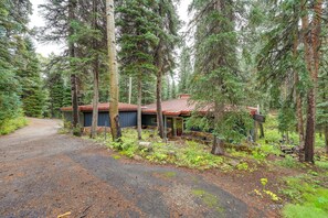 A rustic cabin surrounded by tall trees, with a gravel driveway leading to the entrance. - Mid-Century Cabin: Creekside, Easy Access to i-70 (Dumont)