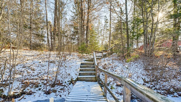 A wooden staircase leading into a forested area with snow on the ground. - Lakefront Townsend Cabin w/ Fire Pit & Dock! (Townsend)