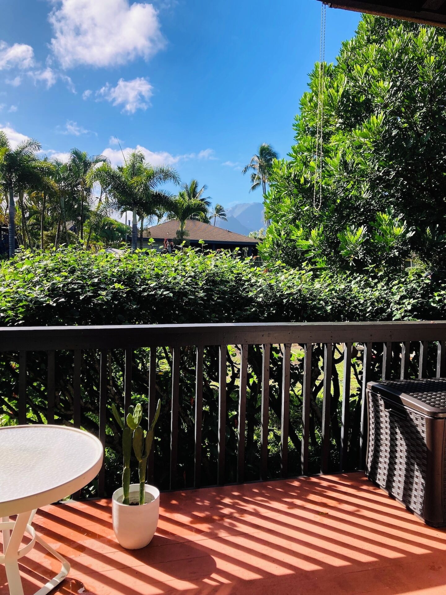 Un balcon agrémenté d’une table et de chaises, entouré d’une végétation luxuriante et offrant une vue sur des palmiers et une montagne.