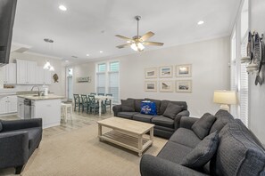 Townhome, Multiple Beds, Pool Access, Ocean View (5410 Gulf Dr) | Living area | 42-inch flat-screen TV with digital channels - Spectacular Gulf Views w/ Private Pool! Remarkable 3BR 3.5ba Bedding for 12! (Panama City Beach)