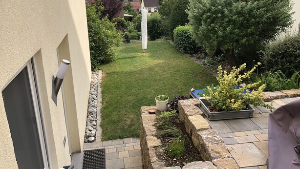 A garden with a lawn, stone borders, and a variety of plants.