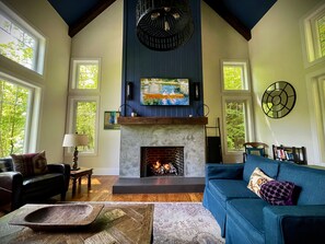 Smart TV, fireplace, books