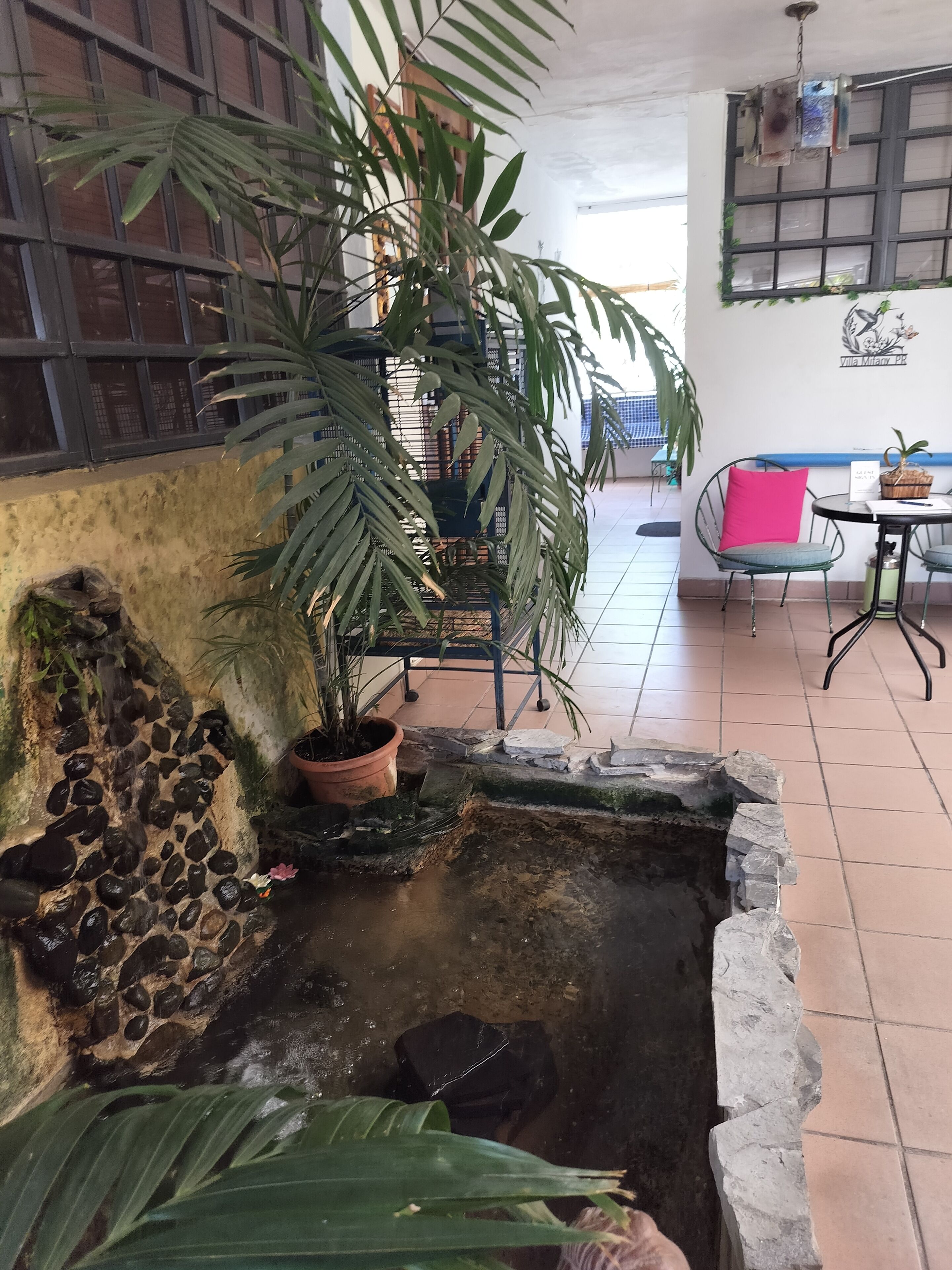A small indoor pond with a stone wall, a potted plant, and a metal chair.