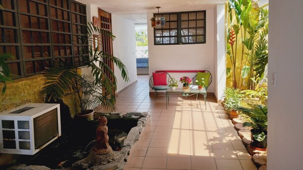 Un interior iluminado por el sol con suelo de baldosas, un banco, plantas en macetas y una estatua.