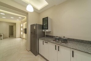 Fridge, microwave, stovetop, electric kettle