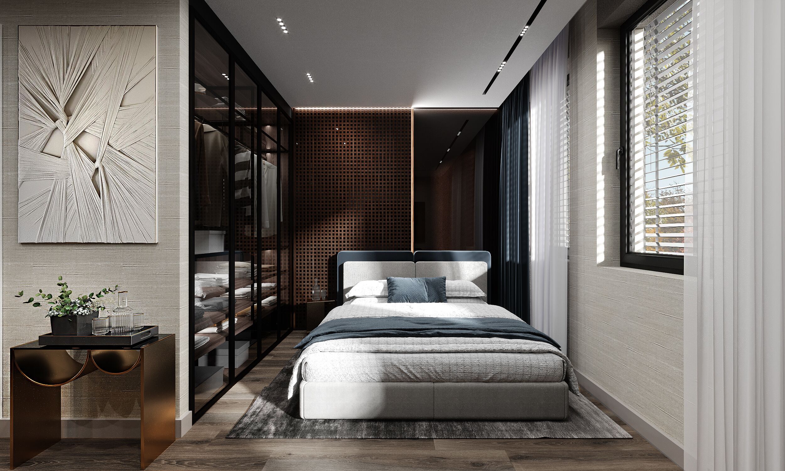 Une chambre moderne avec un grand lit, une table de chevet, un élément décoratif mural et une fenêtre avec des stores.