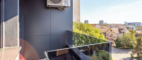 A modern balcony with a glass railing overlooking a residential area.