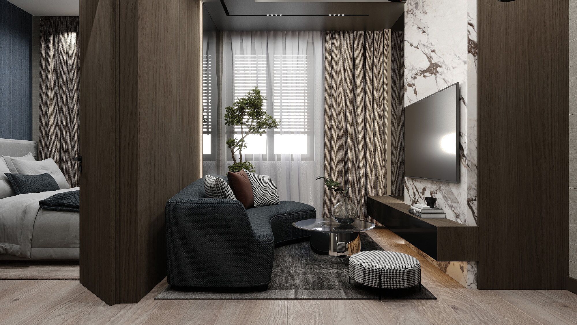 Een moderne woonkamer met een bank, een salontafel en een televisie.