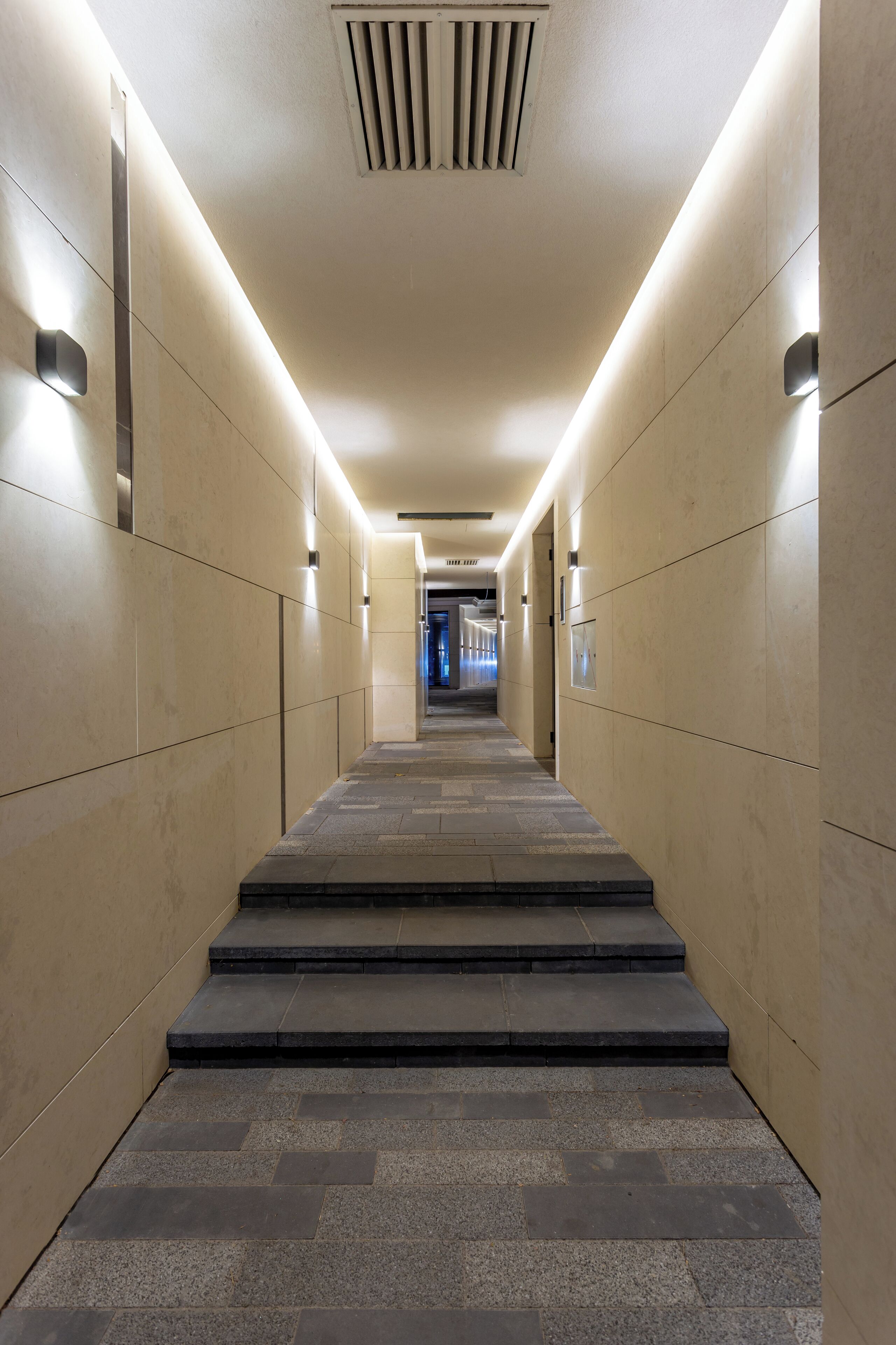 A long, narrow hallway with a series of steps leading to a door at the end.