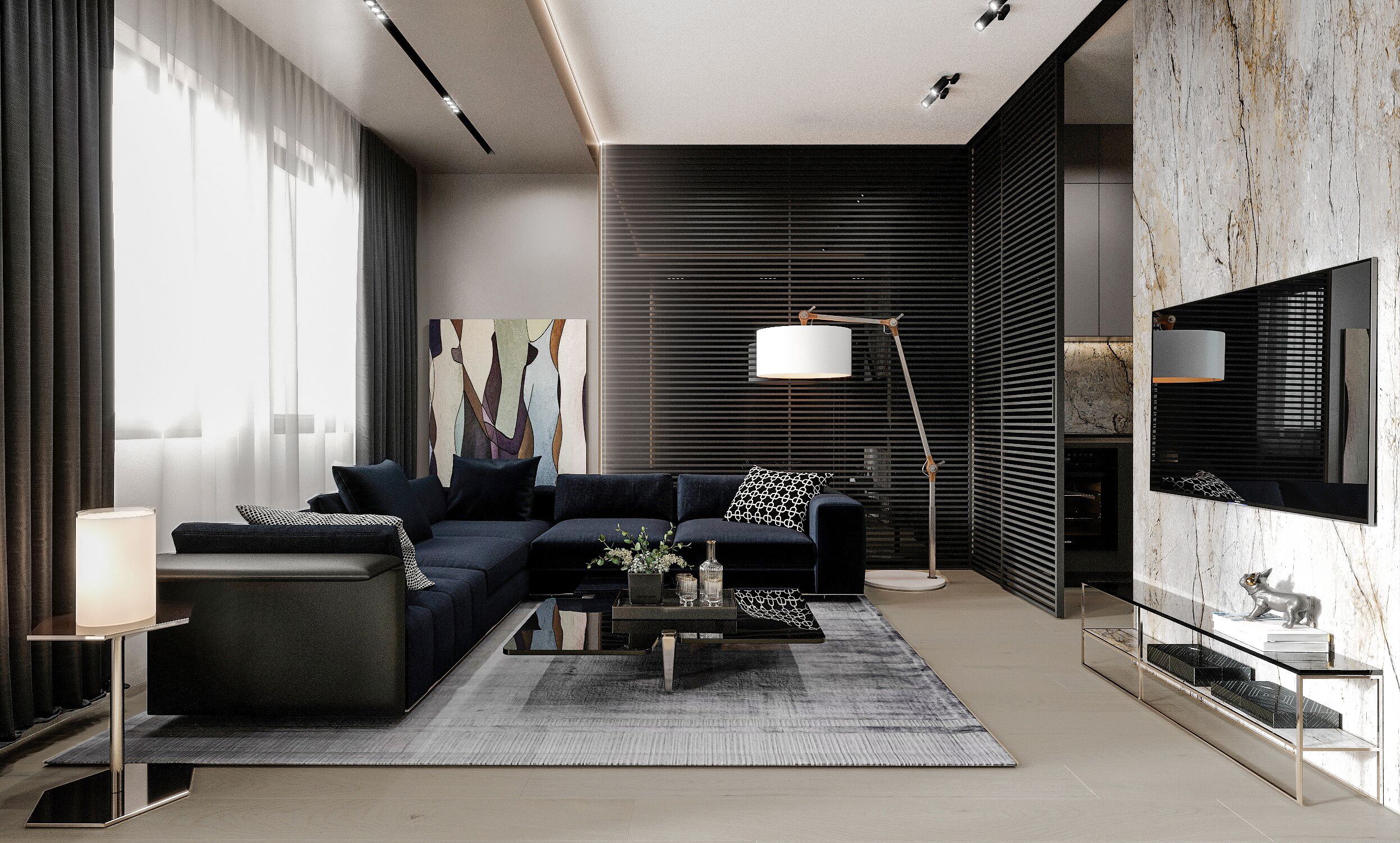 A modern living room with a dark sofa set, a coffee table, a floor lamp, and a large flat-screen TV mounted on the wall.