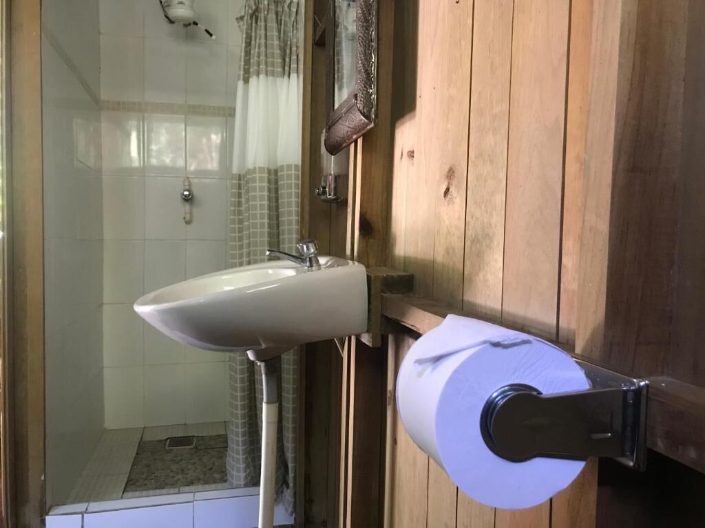 Kylpyhuone, jossa on pesuallas, suihku ja wc-paperiteline.