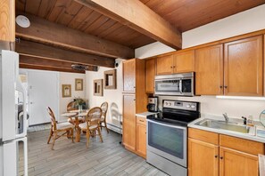 Fridge, microwave, oven, cookware/dishes/utensils