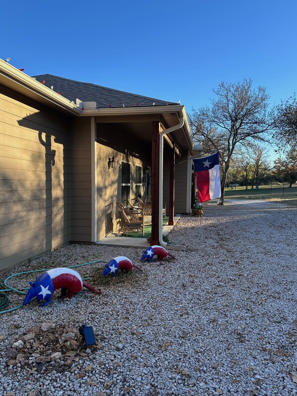 A house with a porch, a Texas flag, and two decorated alligators.