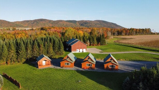 A rural setting with a large barn and several small cabins with green roofs, surrounded by a forest and wind turbines in the background. - Cozy lodge room #4  (Mars Hill)