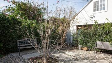 A garden with a tree, a bench, and a house.