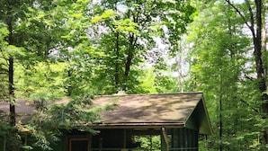 A small cabin with a wooden deck and a porch, surrounded by dense forest.