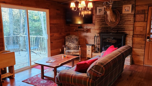 A cozy cabin interior with a plaid sofa, a wooden dining table, a mounted deer head, and a fireplace.