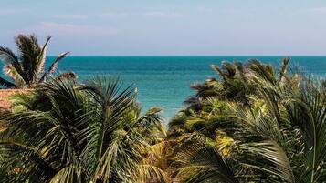 A view of the ocean through palm trees.