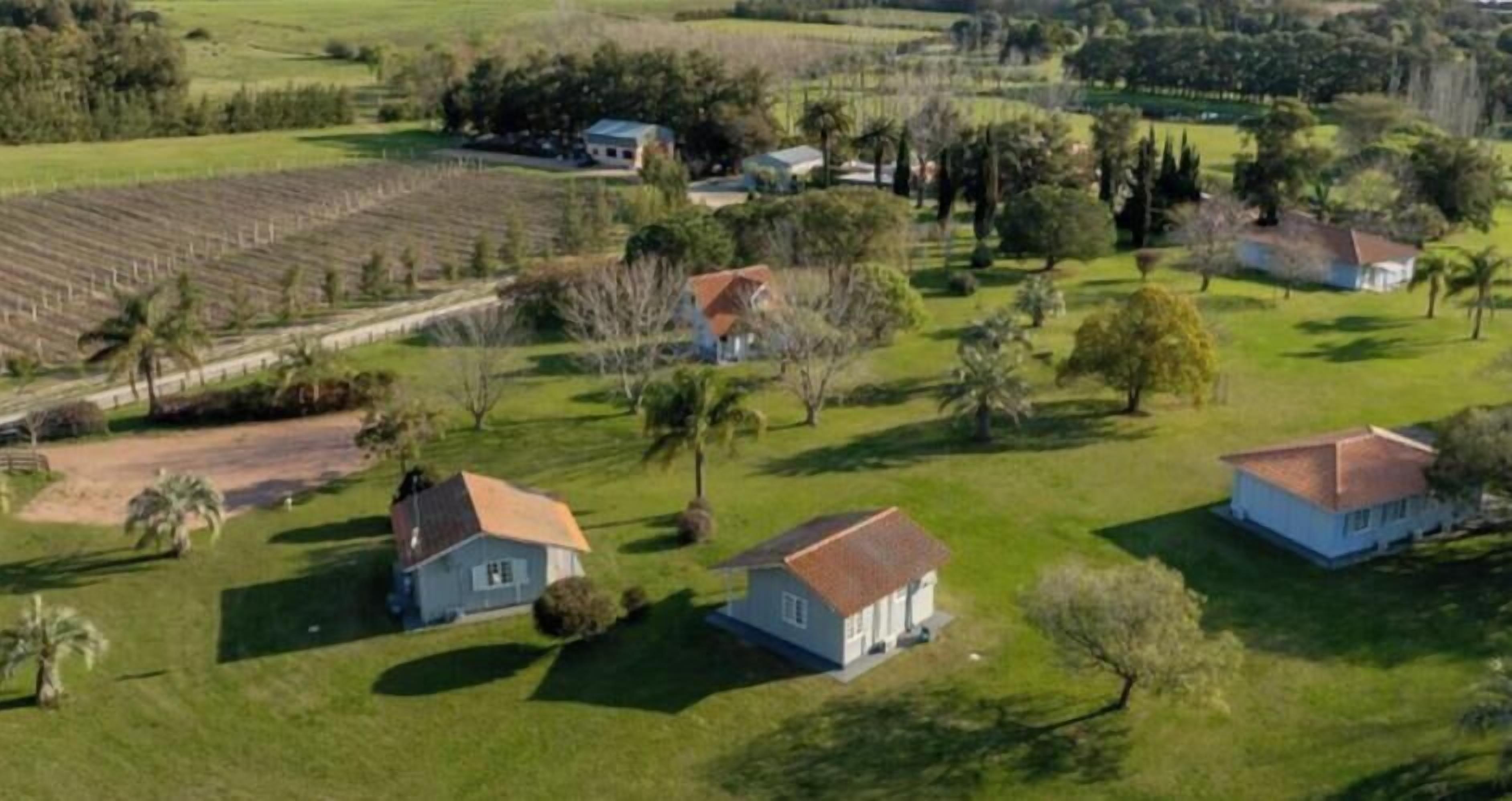 A rural property with multiple houses, open fields, and scattered trees.