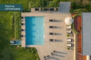 Seasonal outdoor pool, pool umbrellas, sun loungers