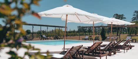 Seasonal outdoor pool, pool umbrellas, sun loungers