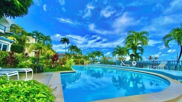 Ein Swimmingpool, umgeben von Palmen und Grünpflanzen, mit Liegestühlen und blauem Himmel.