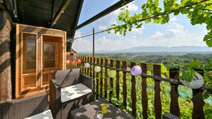 A wooden balcony with wicker furniture, a view of a vineyard, and a mountain range in the background.