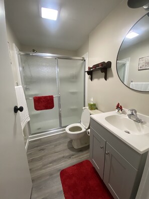 Une salle de bain avec douche, toilettes et lavabo.