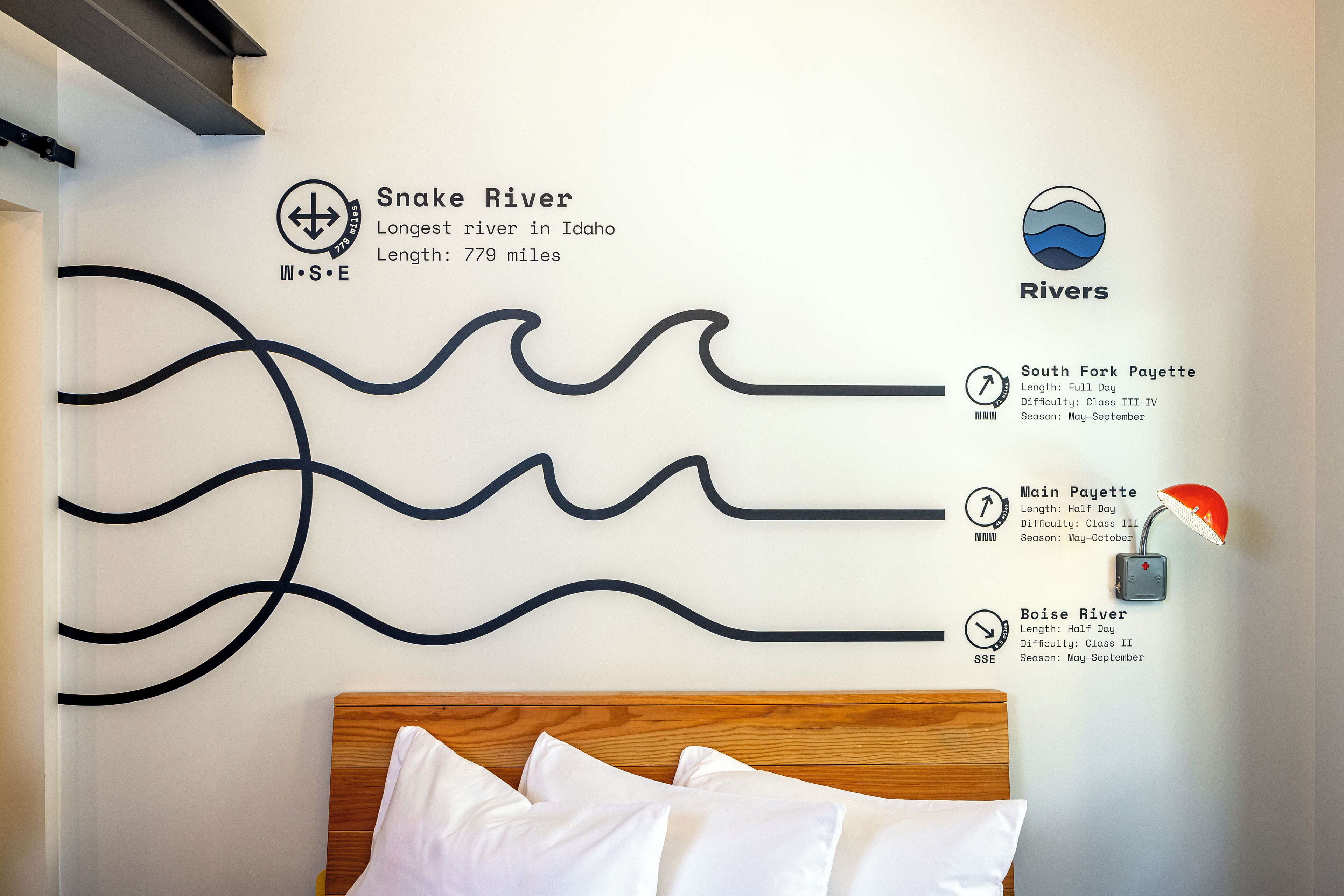 A wall with a map of rivers and their details, including Snake River, South Fork Payette, Main Payette, and Boise River.