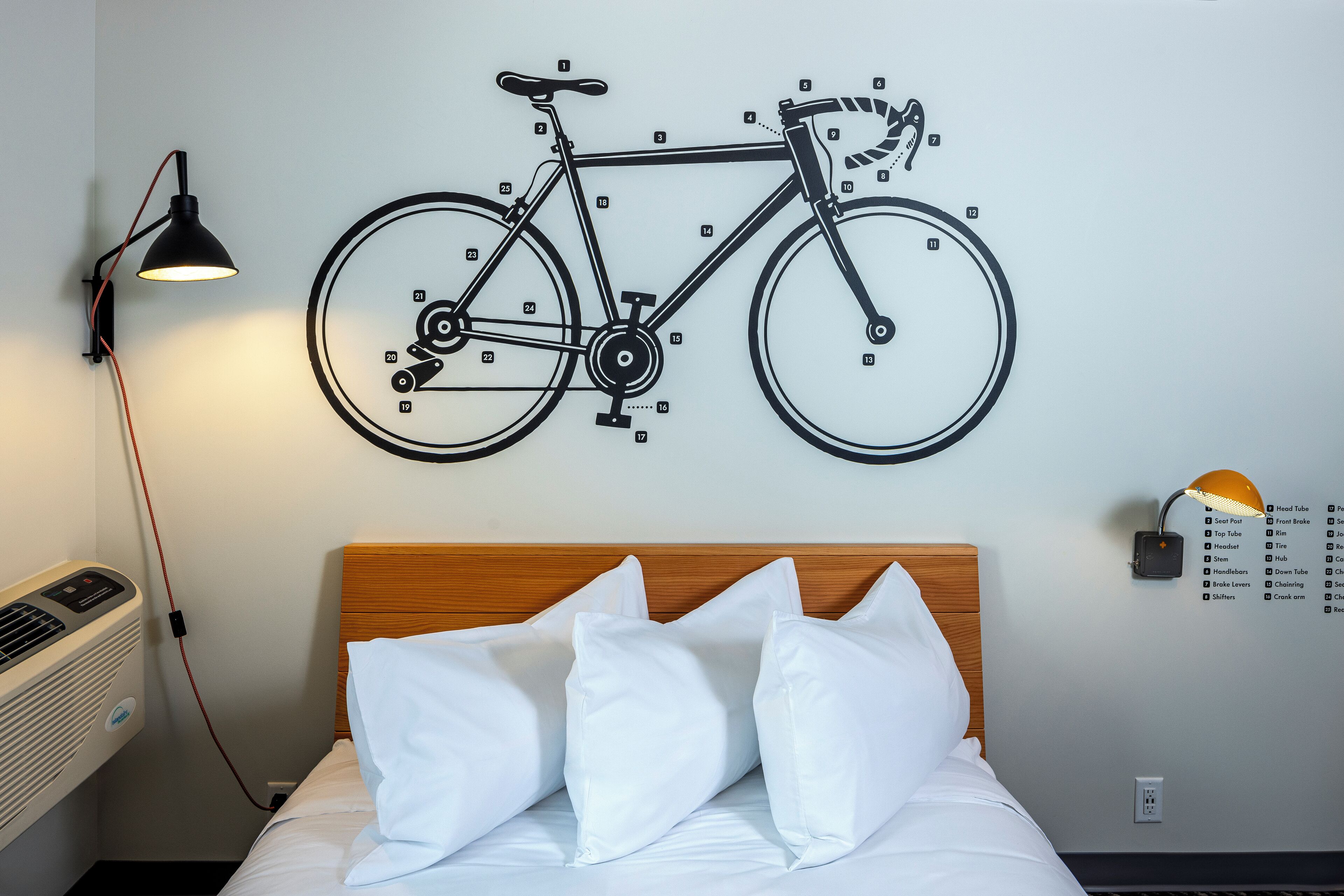 A bed with white bedding and pillows, a wall-mounted bicycle illustration with numbered parts, a wall-mounted lamp, and a thermostat.