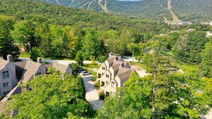 A residential area with houses surrounded by lush greenery and mountains in the background.