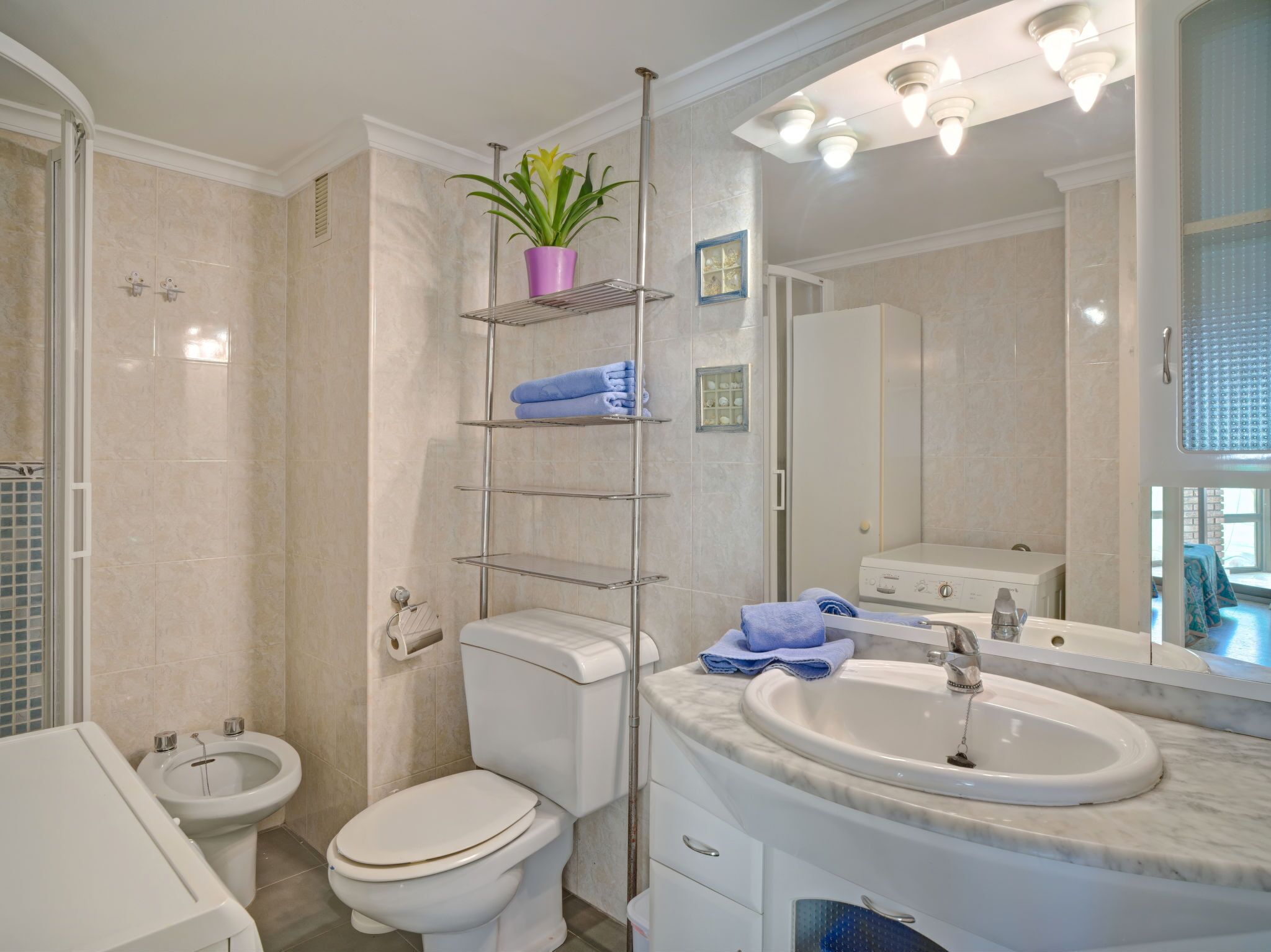 A bathroom with a toilet, bidet, sink, and a mirror.
