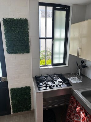 Kühlschrank, Herdplatte, Wasserkocher, Kochgeschirr/Geschirr/Besteck