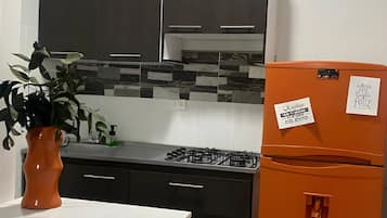 Geladeira, cooktop, talheres/pratos/utensílios de cozinha