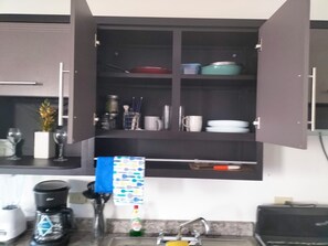 Kjøleskap, ovn, kokeplater og kaffetrakter/tekoker