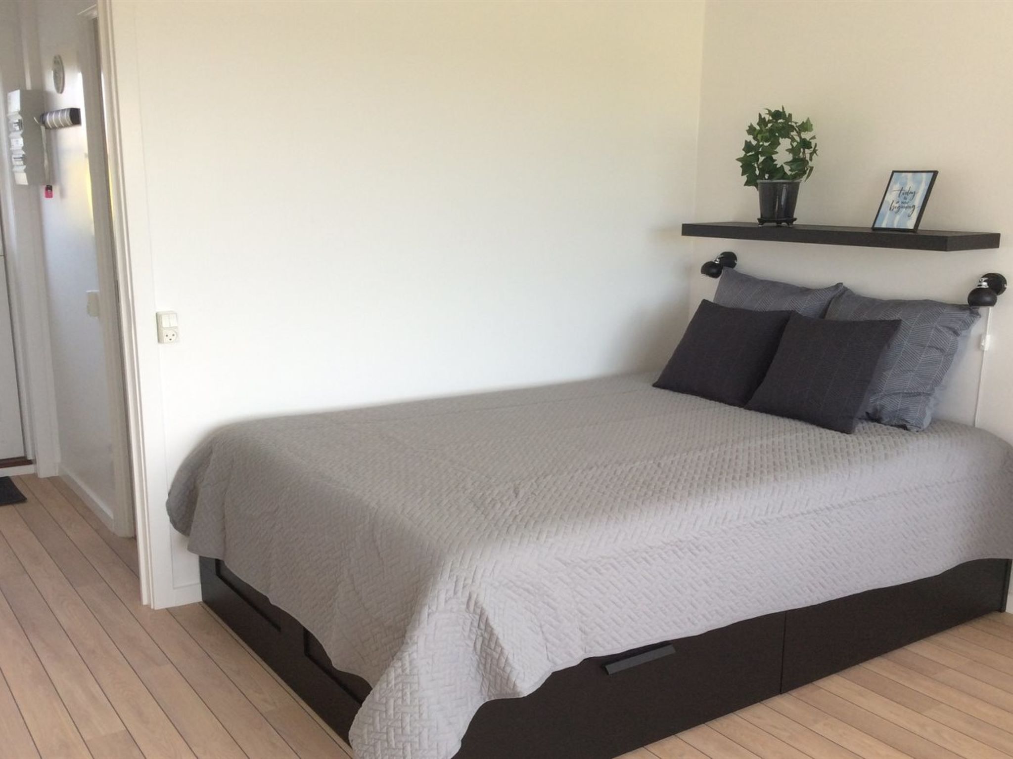 A bedroom with a bed, a nightstand, a shelf with a plant and a picture, and a door with a light switch.