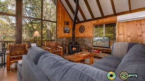 A cozy cabin interior with a stone fireplace, wooden walls, and a large window overlooking trees. - Holocene Chalet - treetop mountain views! (Basye)