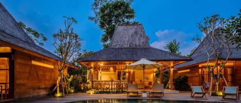 Outdoor pool, pool umbrellas, pool loungers