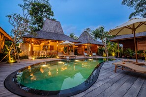 Outdoor pool, pool umbrellas, pool loungers