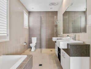 Hair dryer, towels, soap