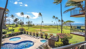 Un resort con piscina, palmeras y vista al océano.